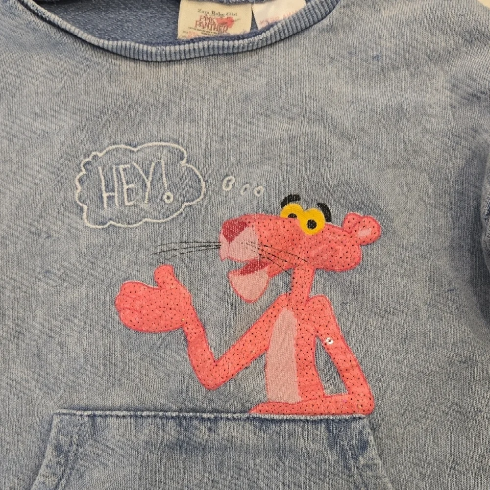 Zara Distressed Light Blue Sweatshirt with Pink Panther, GUC, Fashion Trend - Picture 2 of 8